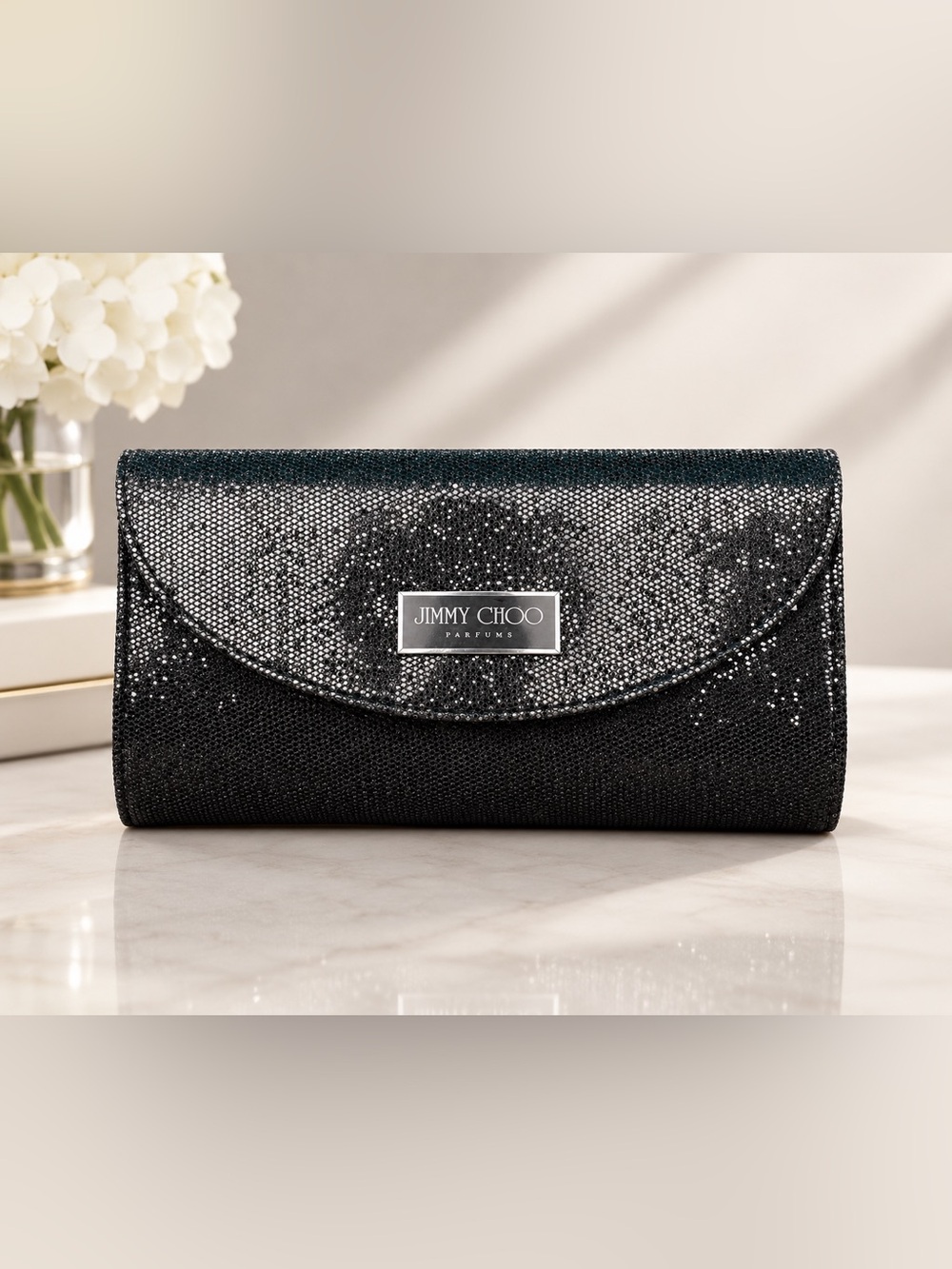 Jimmy Choo Black Sparkle Flap Clutch